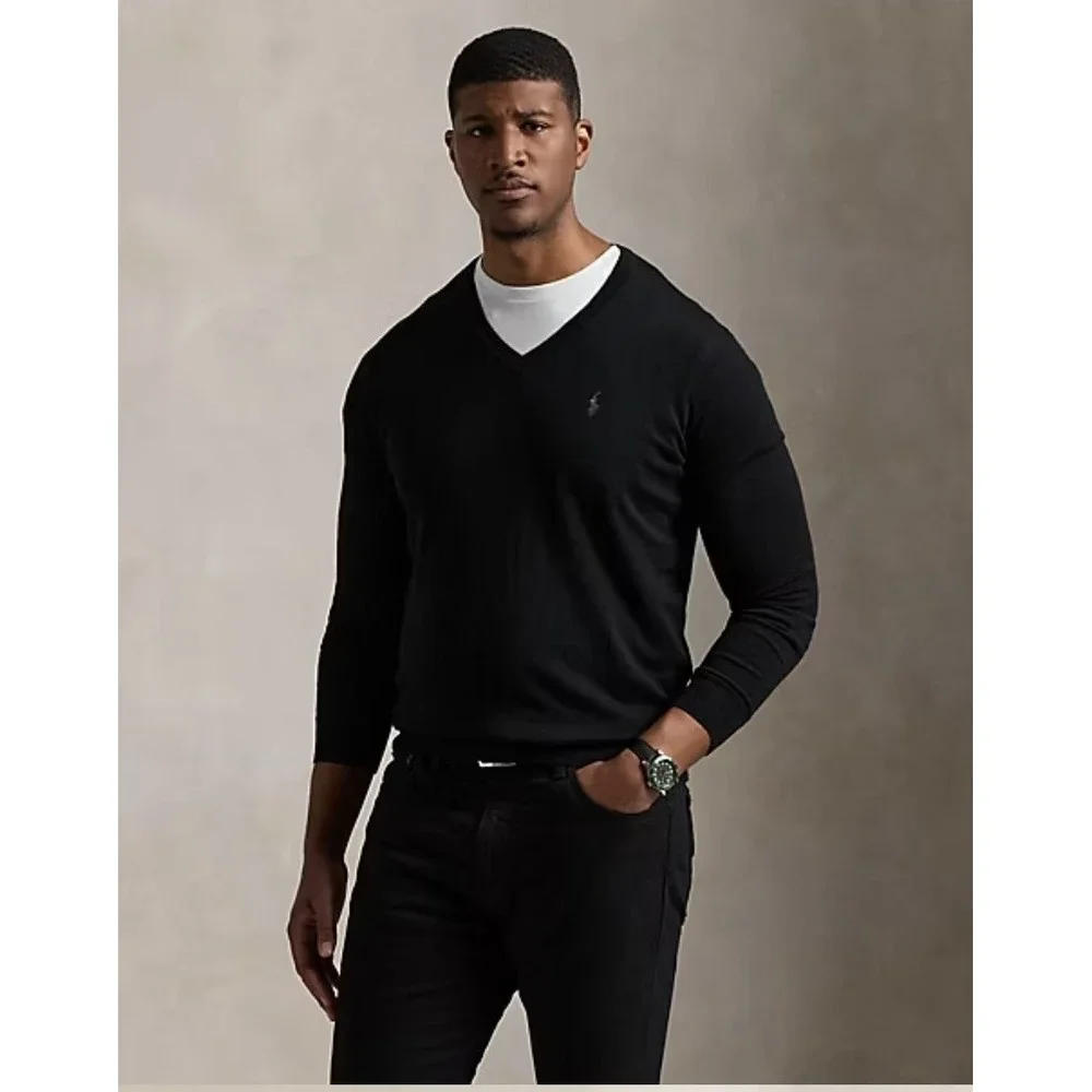 Polo Ralph Lauren Black Merino Wool V Neck Sweater Men Big & Tall Size 4XLT NWT